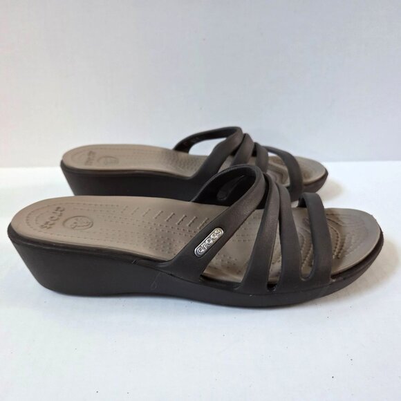 Crocs Sandals Womens 7 Brown Rhonda Strappy Wedge Slides Beach Casual Vacation - Picture 5 of 10